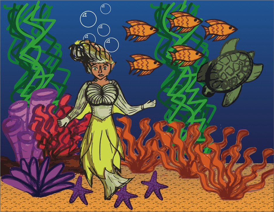 mermaid and some turtles and goldfish and coral
