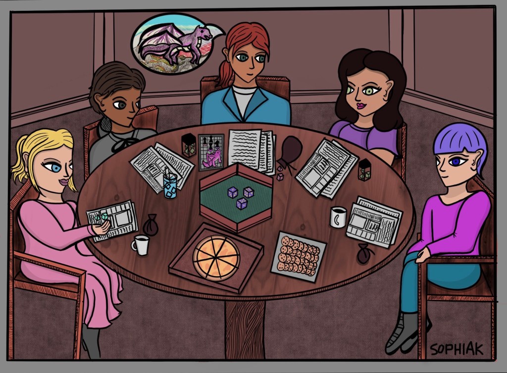 five people gathered around a round table to play taletop roleplaying games