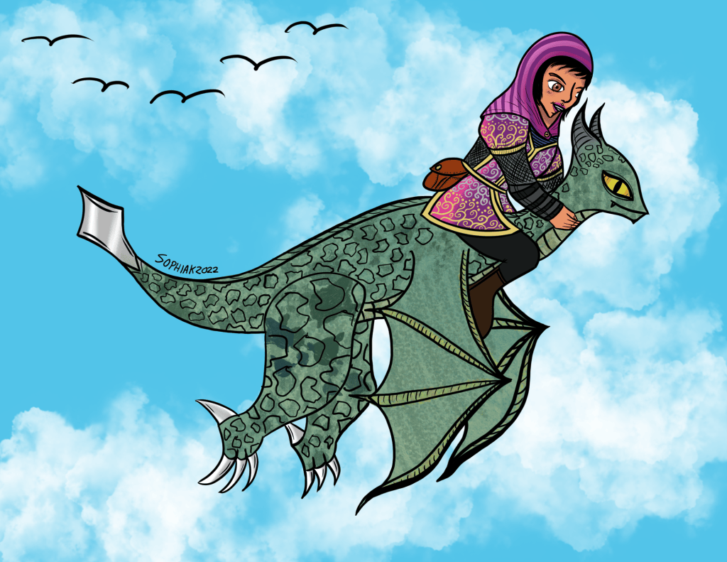 woman in purple outfit riding green dragon