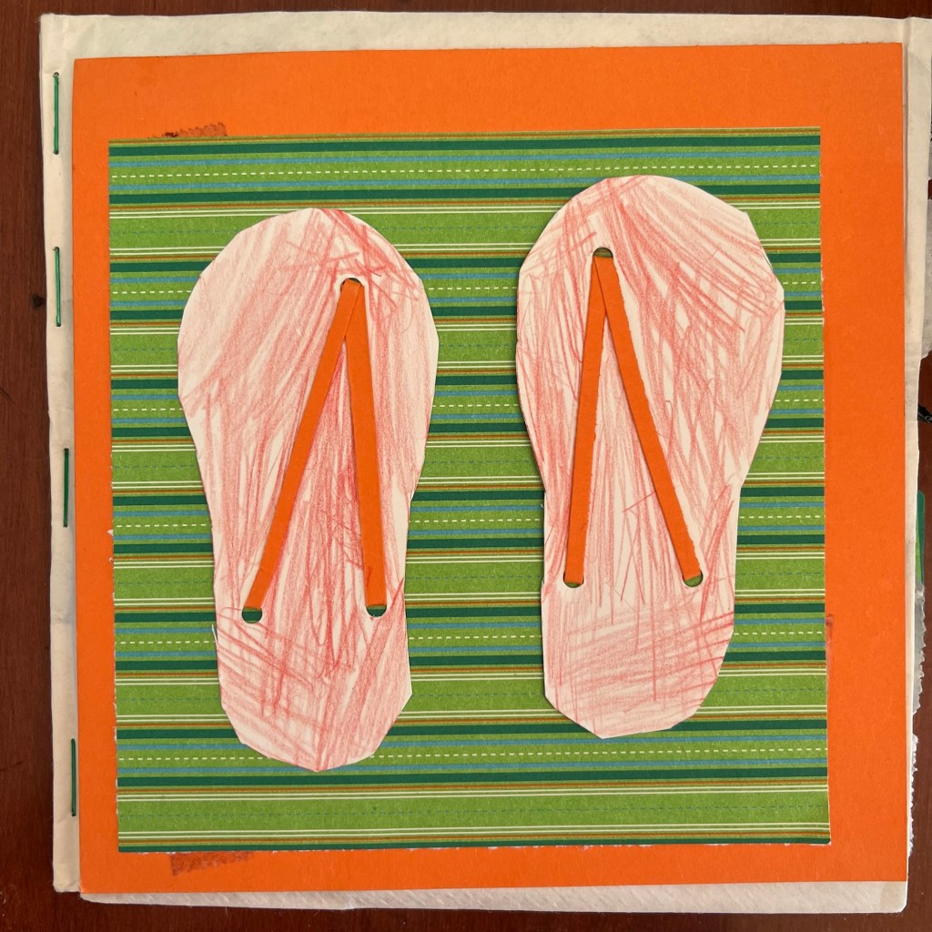 cover of a summer themed book with striped decorative paper and flipflops collaged together