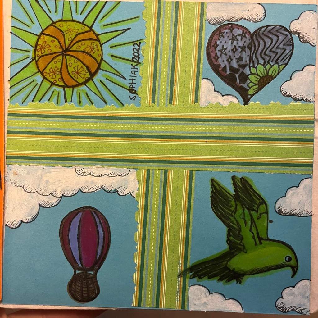 sun, hot air balloon, and green bird in the sky