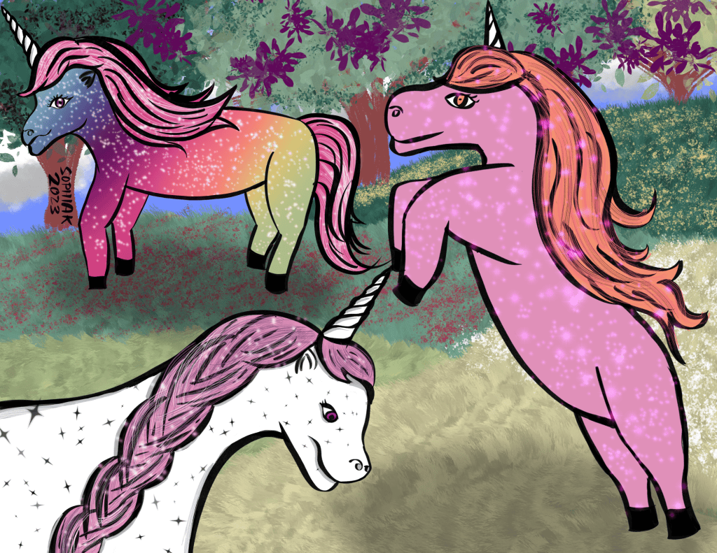 rainbow unicorn, pink unicorn, and white sparkly unicorn in a forest