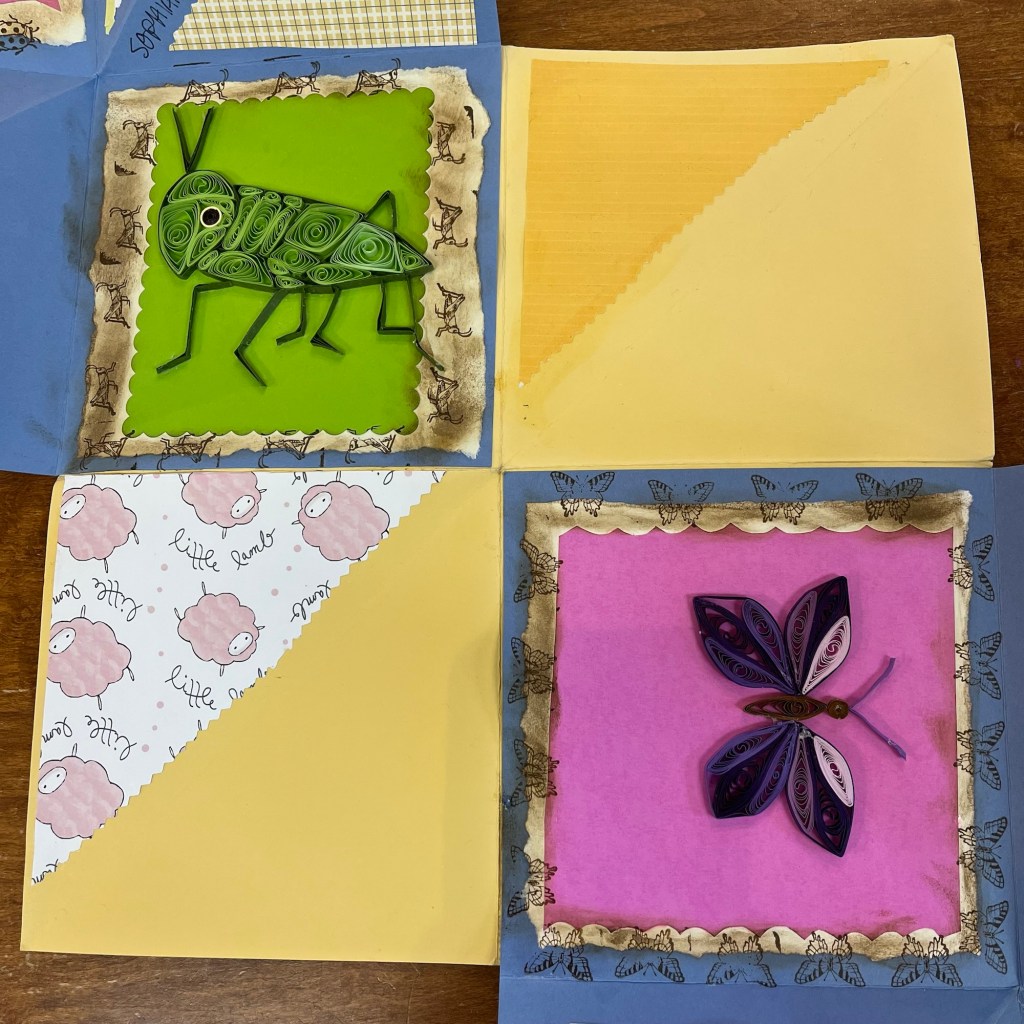 paper quilling images of a grasshopper and purple butterfly