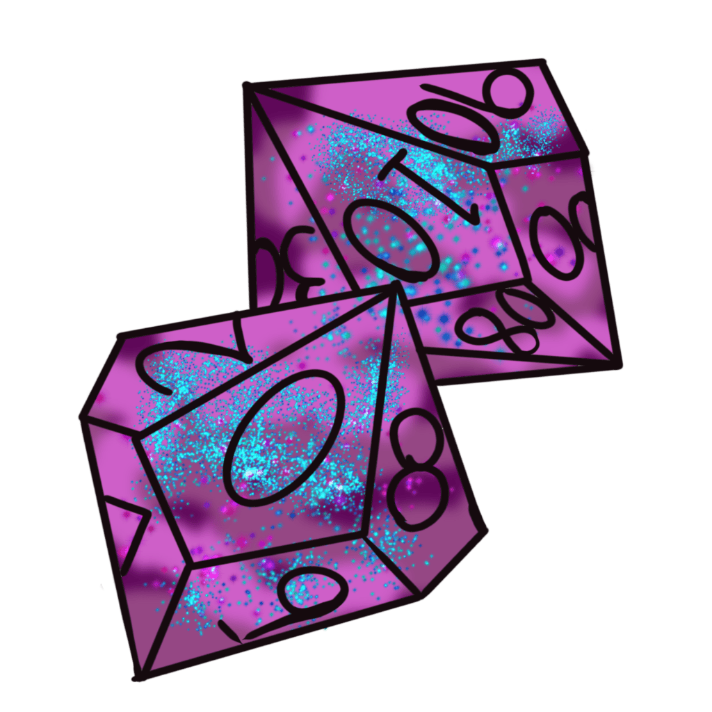 2 purple sparkly 10 sided dice