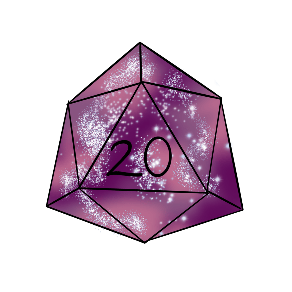 purple sparkly 20 sided die