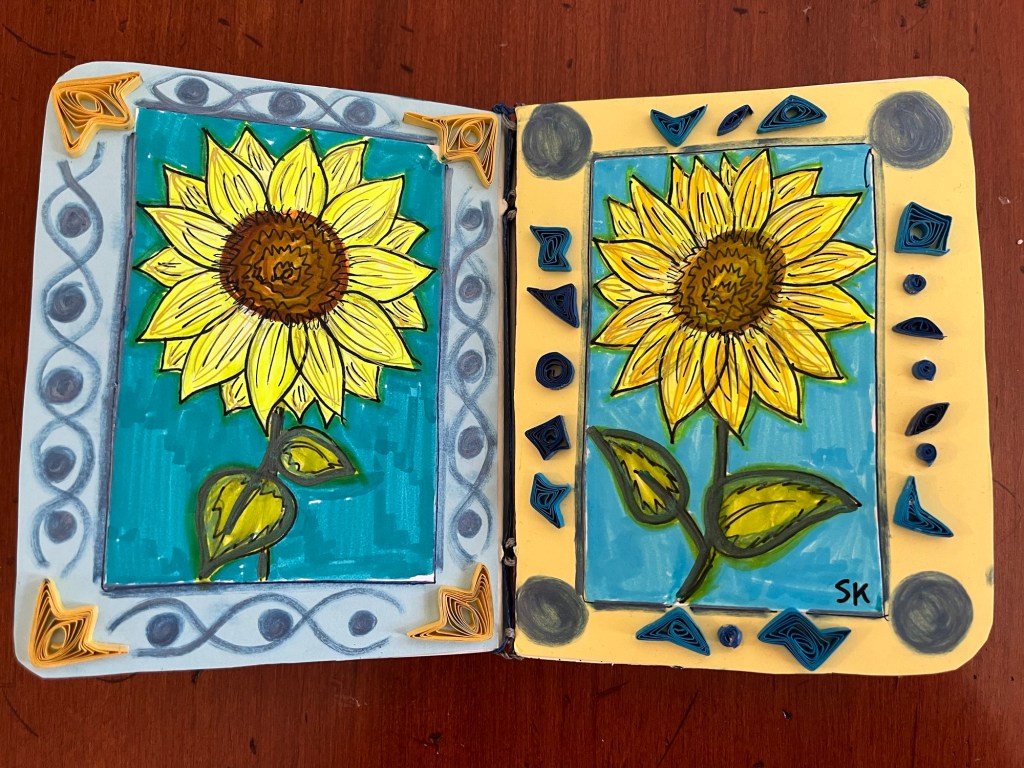 paper quilling decorating two pages with sunflower drawings 