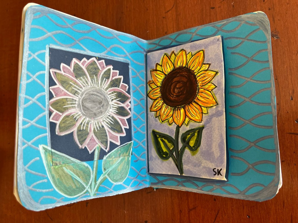 wavy patterns in a background around two sunflowers