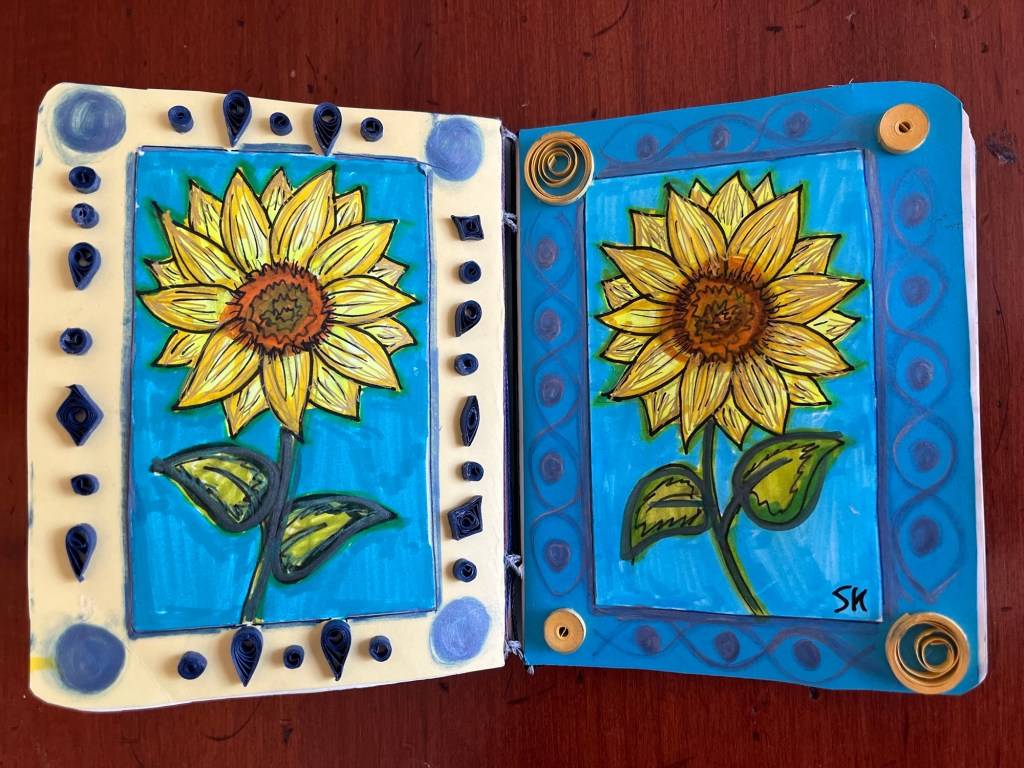 paper quilling decorating two pages with sunflower drawings