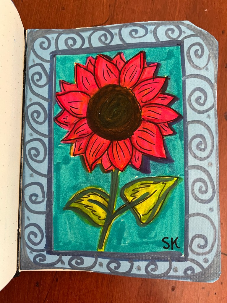 drawing of a red sunflower surrounded by swirly patterns 