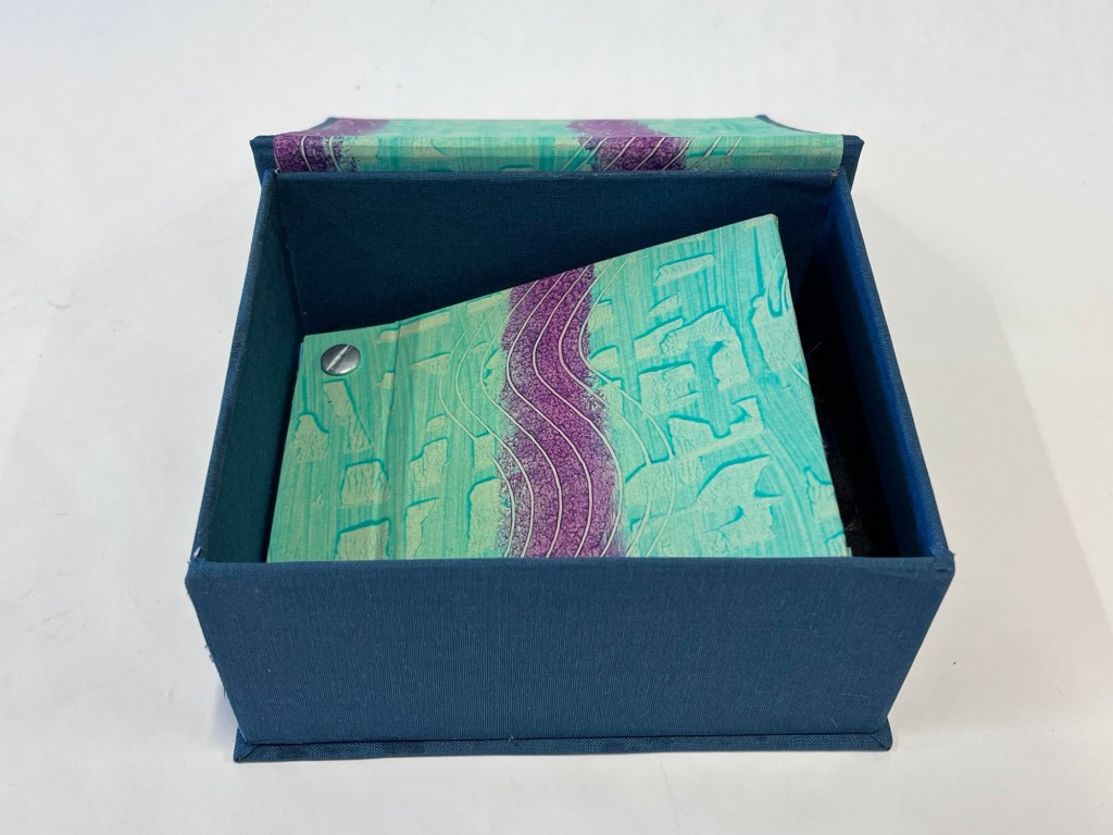 an open box. inside is a green and purple striped box. the pattern matches the inside of the box