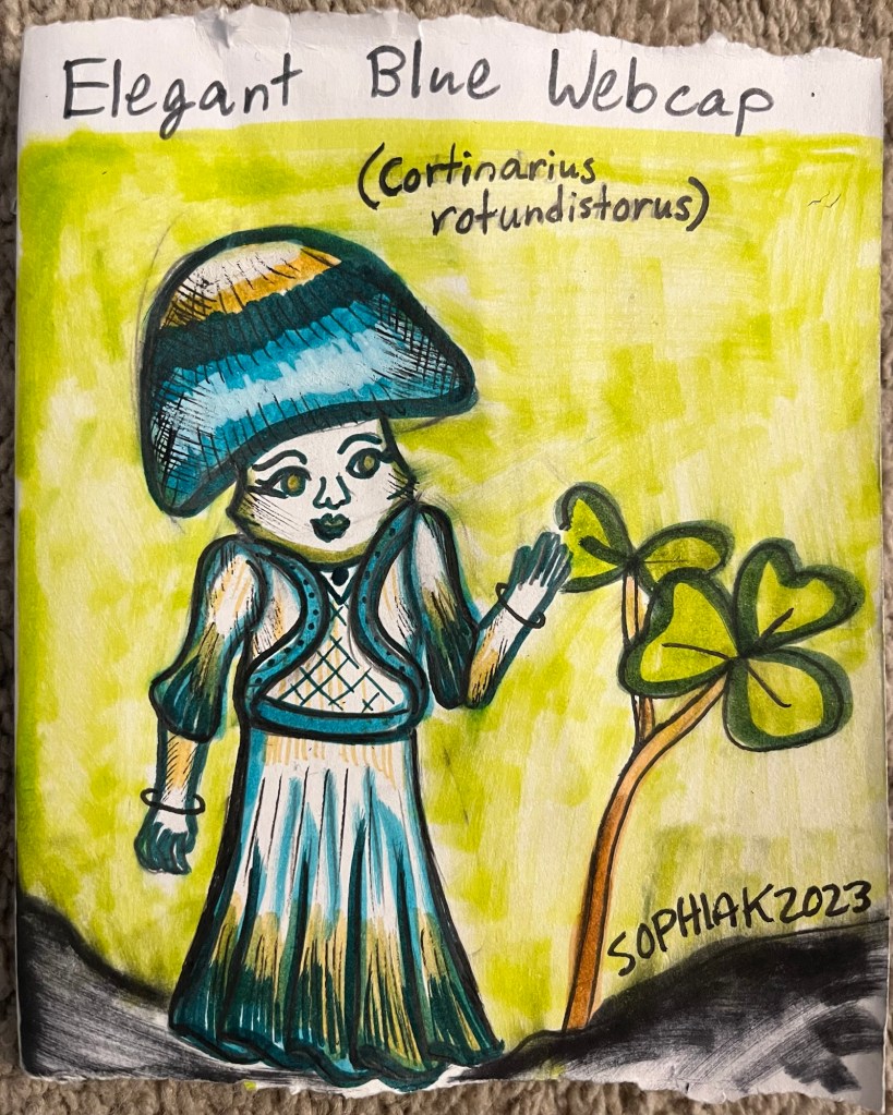 mushroom person that looks like an elegant blue webcap