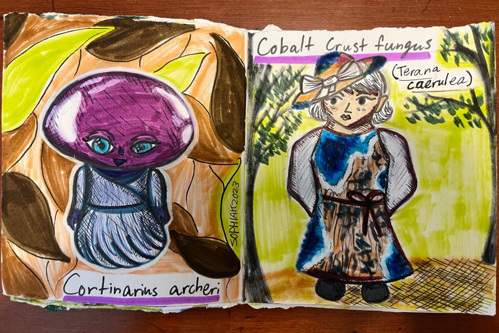 mushroom people inspired by Cortinarus archeri and Cobalt Crust Fungus