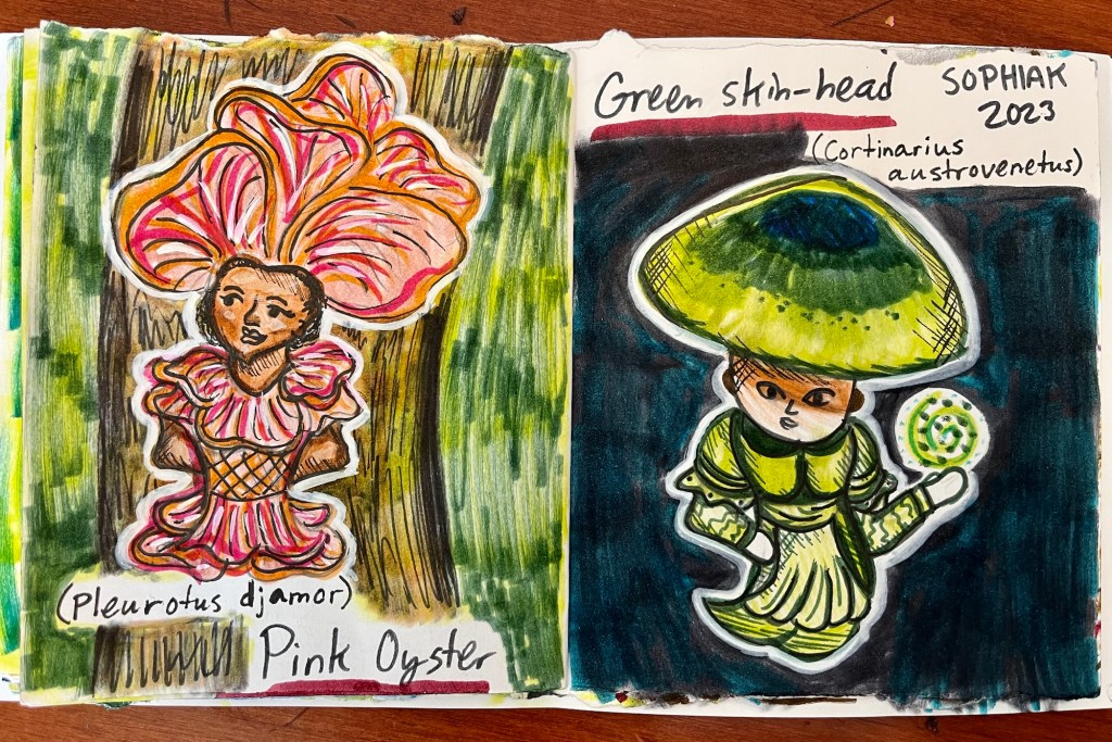 mushroom people inspired by Pink Oyster and Green skin-head