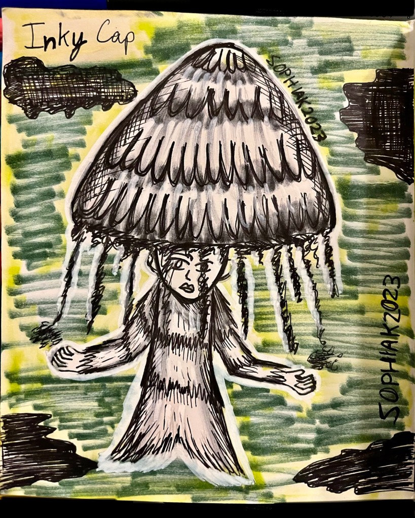 mushroom person inspired by inky cap