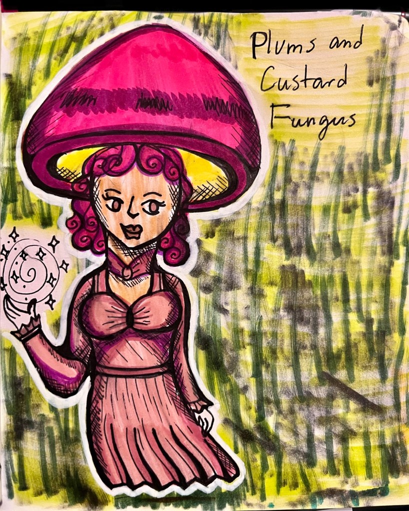 mushroom person inspired by plums and custard fungus