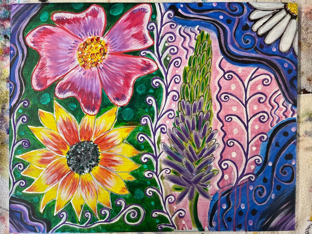  painting of a red flower, a purple flower, and a sunflower, with abstracted patterns in the background
