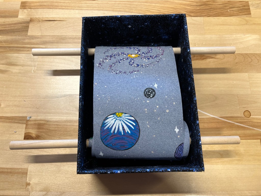 at the end of the box scroll, a daisy planet and a galaxy