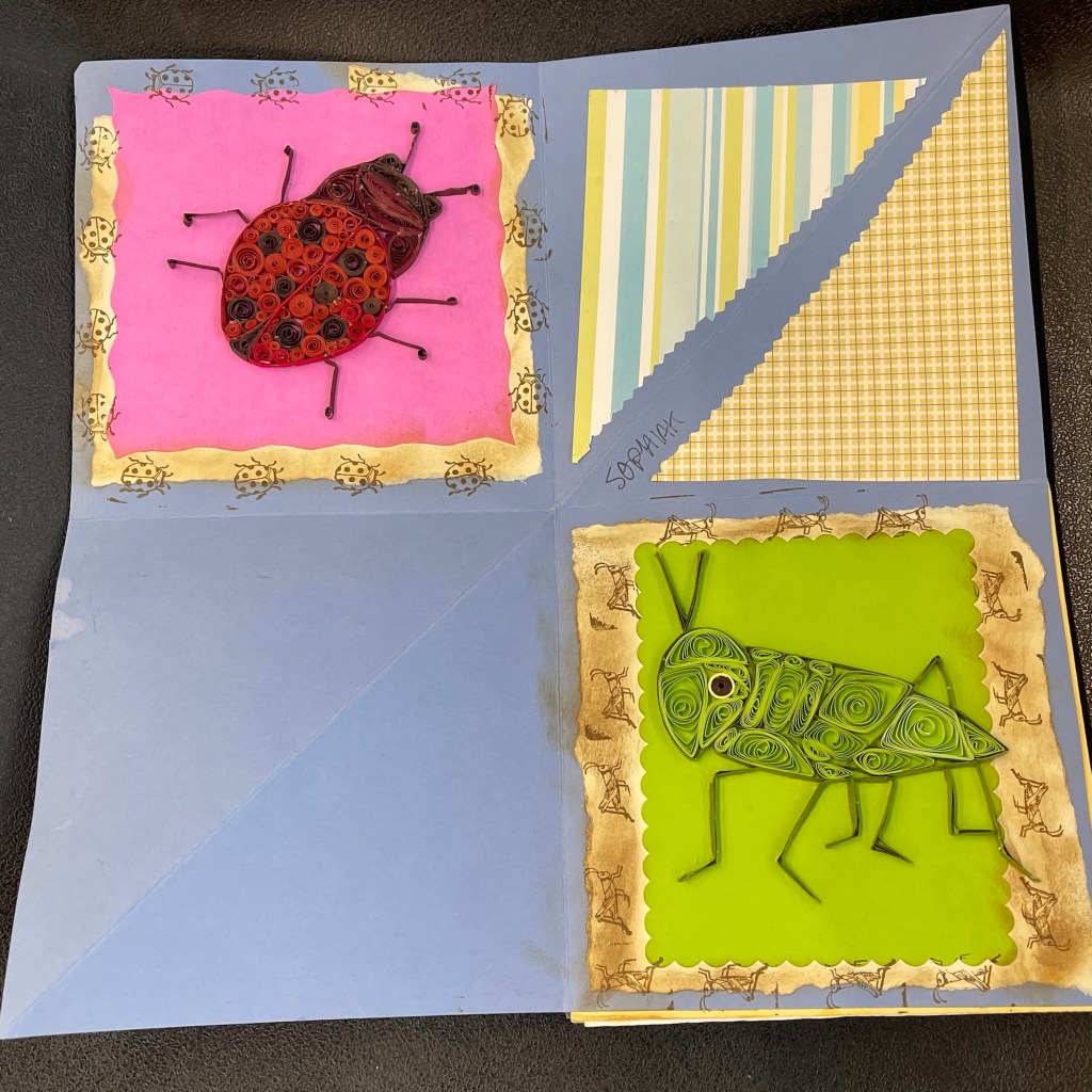 paper quilling images of a ladybug and grasshopper