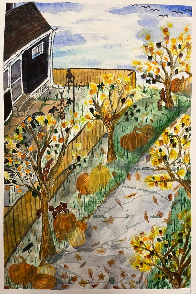 a sidewalk outside someone's house on a fall day decorated with leaves, birds, squirrels, and pumpkins