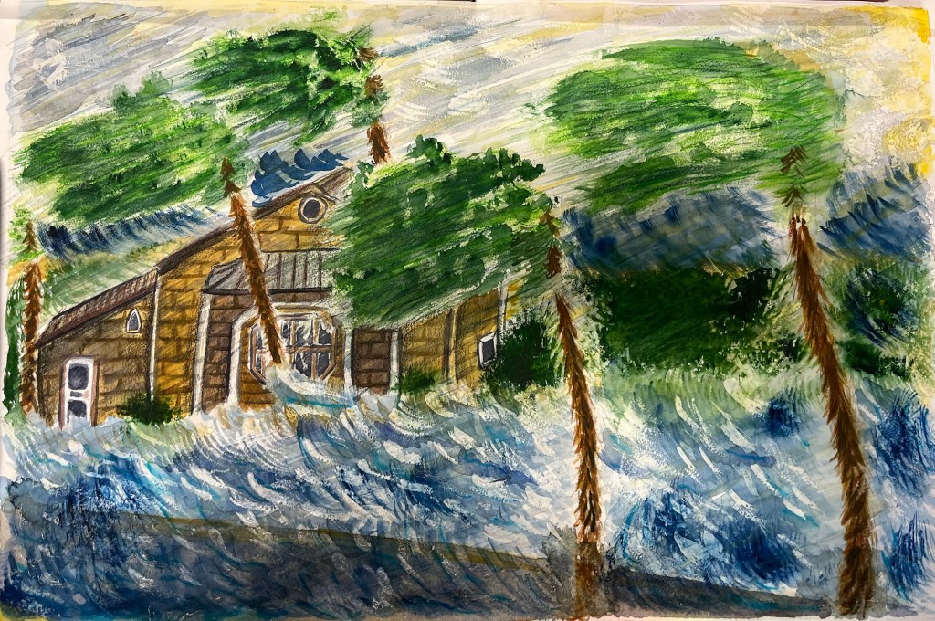 the area outside of a house flooded by a hurricane while intense winds blow through the trees