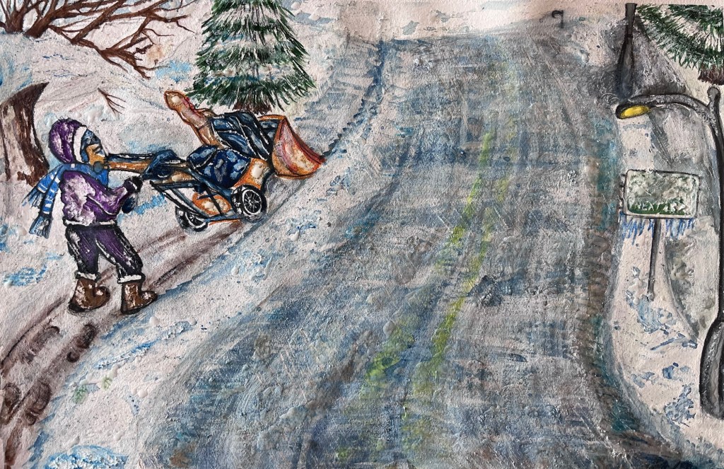 a person is operating a snowblower on a sidewalk. the roads are covered in snow and ice