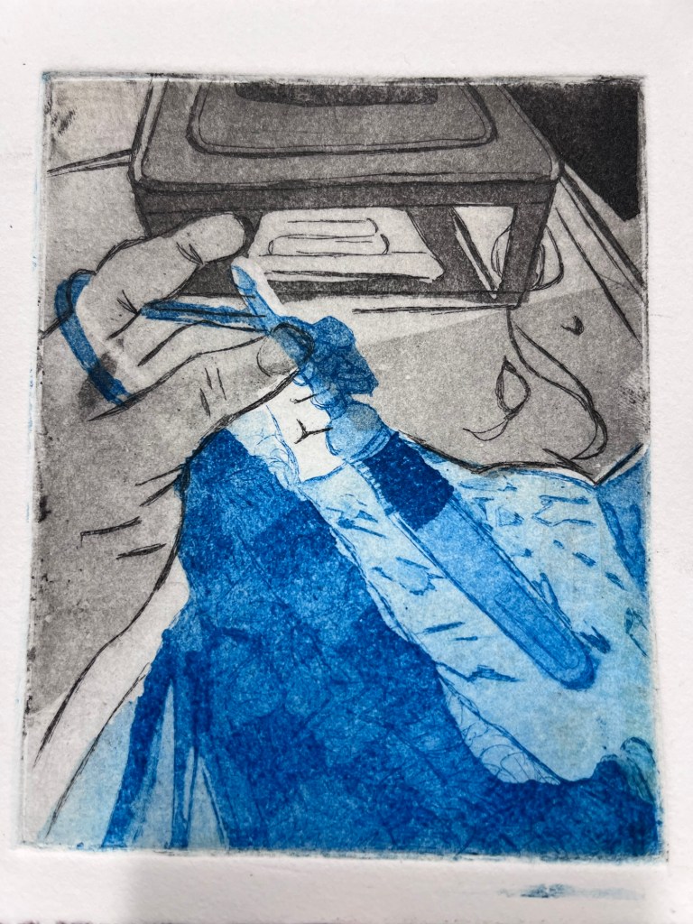 a blue and black copper etching print of a corner to corner crochet project