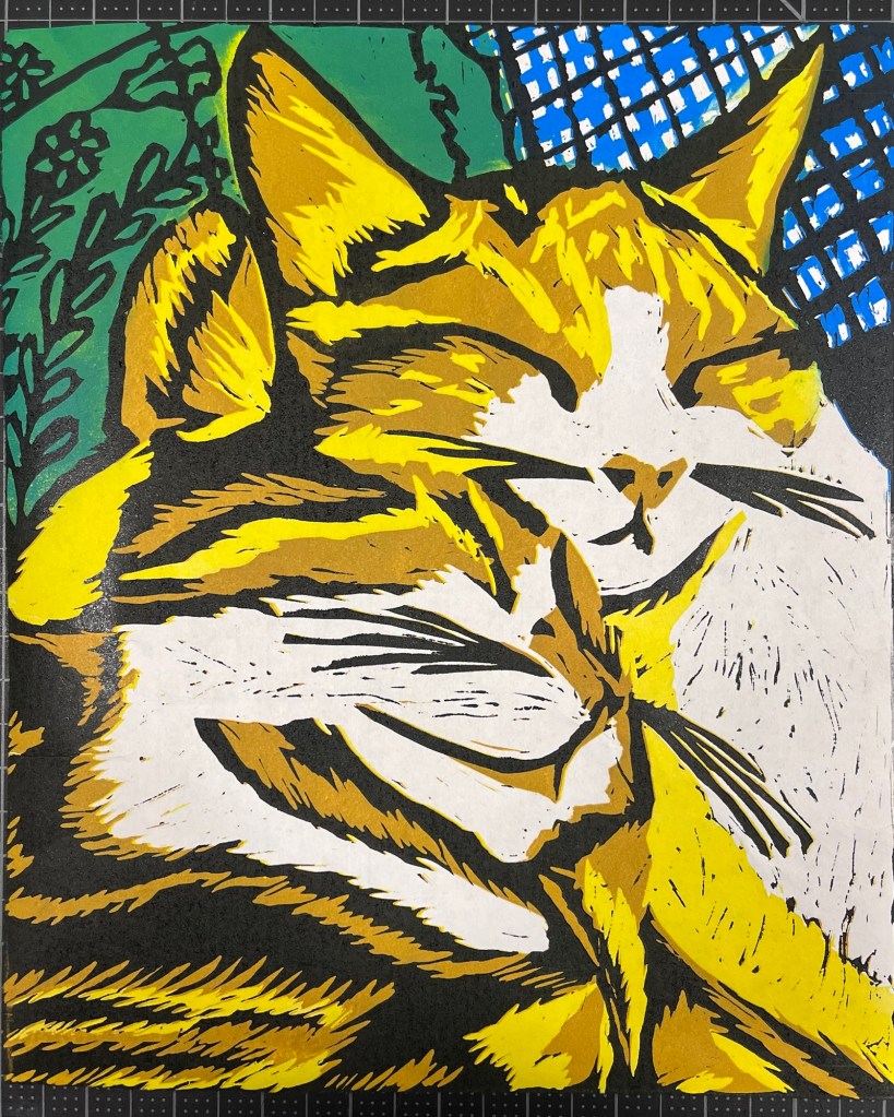 a linocut print of two maine coon cats cuddled together