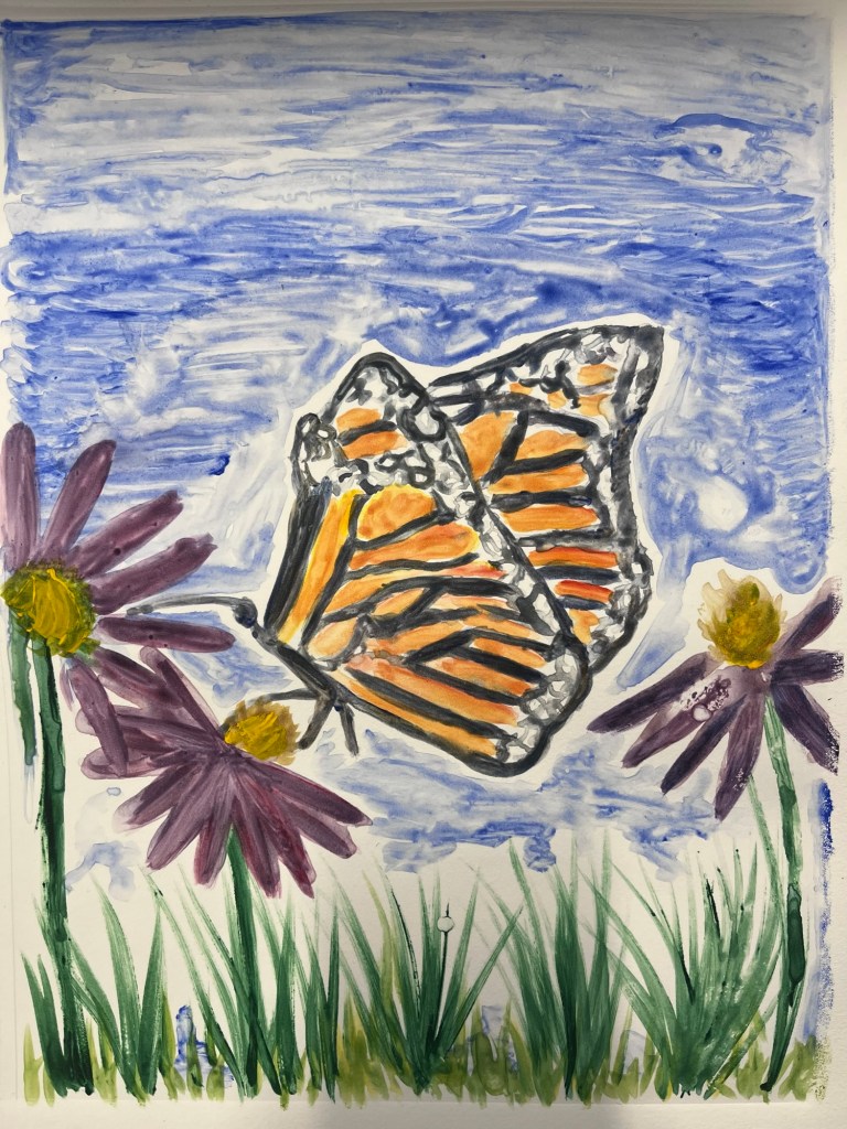 a watercolor print of a monarch butterfly drinking nectar from a purple flower