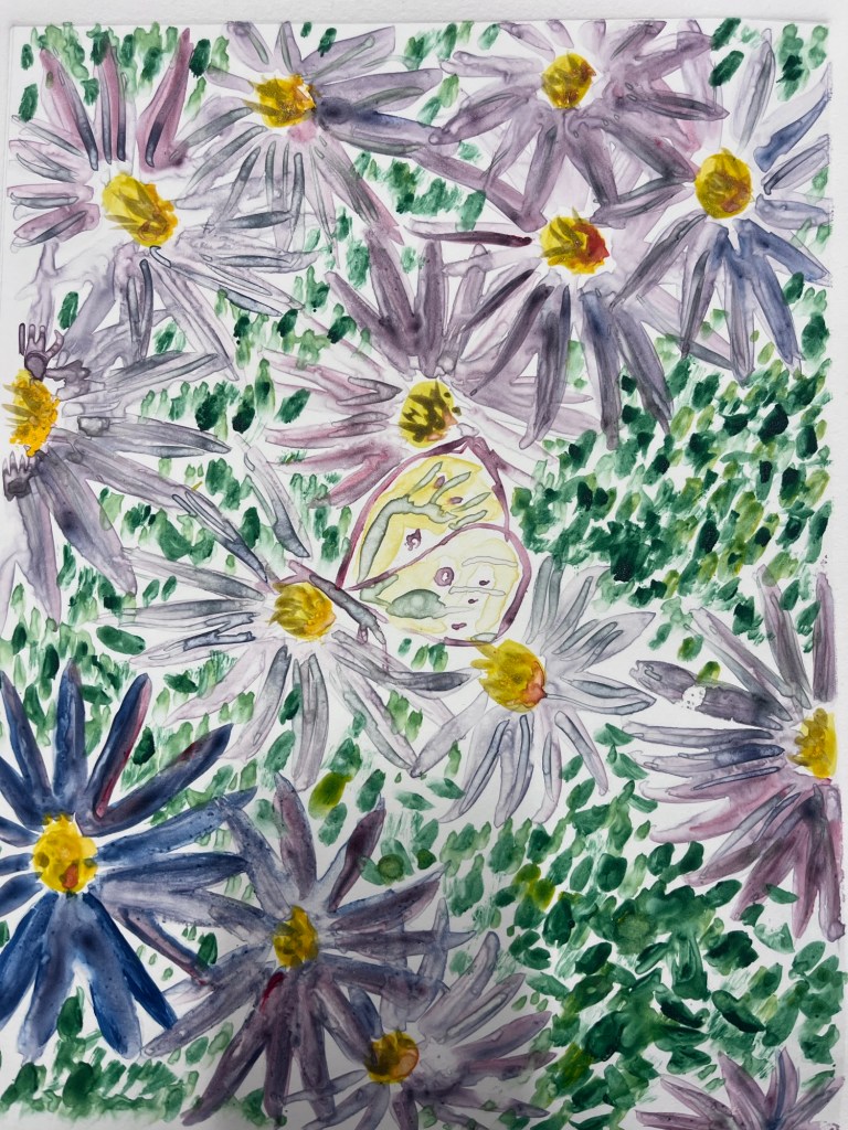 a watercolor print of a yellow butterfly hidden among several purple flowers