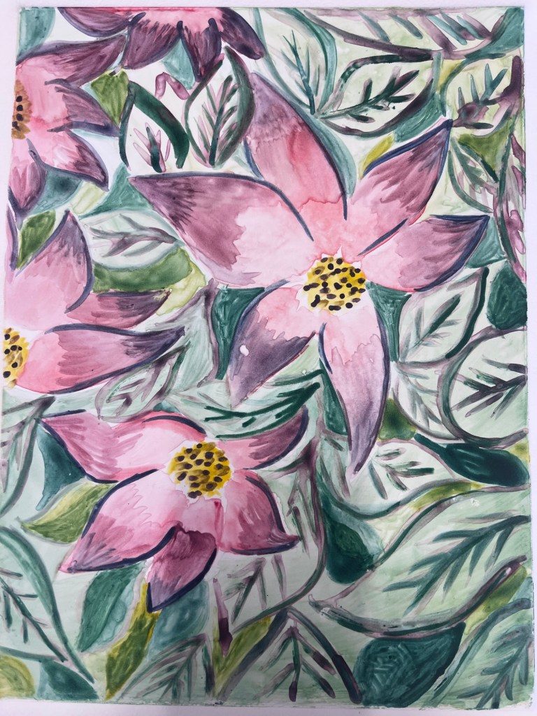 a watercolor print of several red flowers