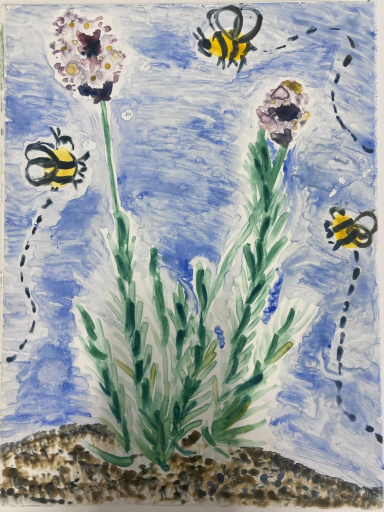 a watercolor print of bees enjoying some lavender flowers