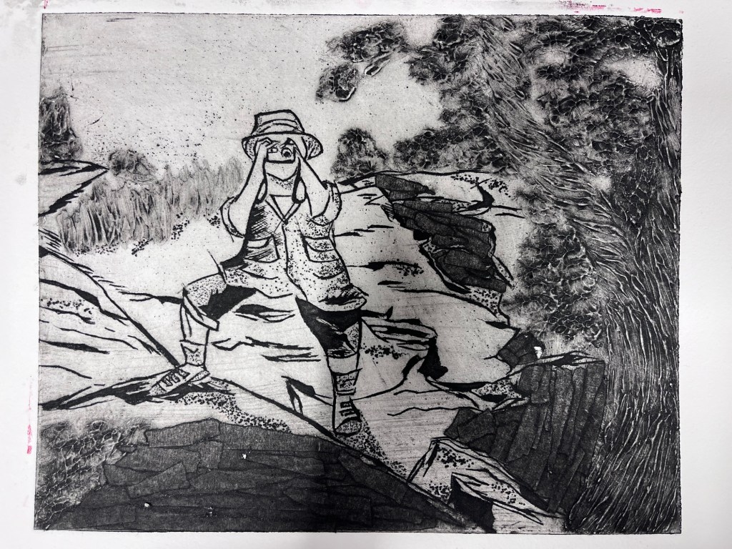 a black and white collagraph print of sophia taking a photo while standing above a rocky platform by some trees