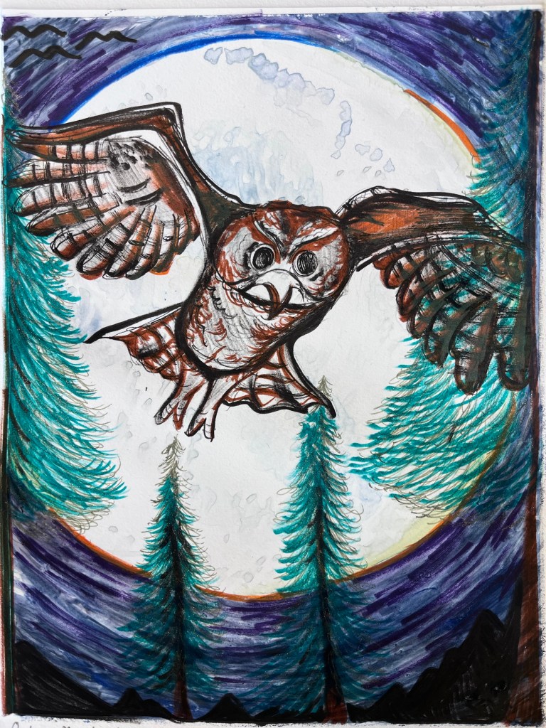 a watercolor print of a brown owl in a moonlit sky surrounded by trees