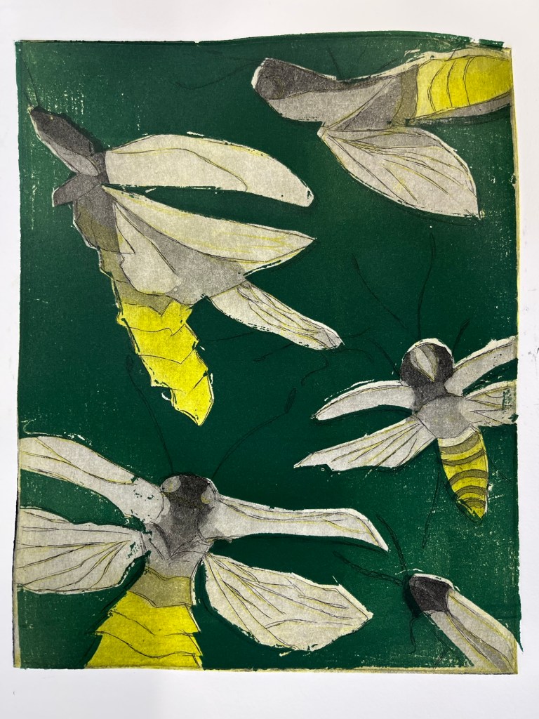 a green and yellow copper etching print of fireflies