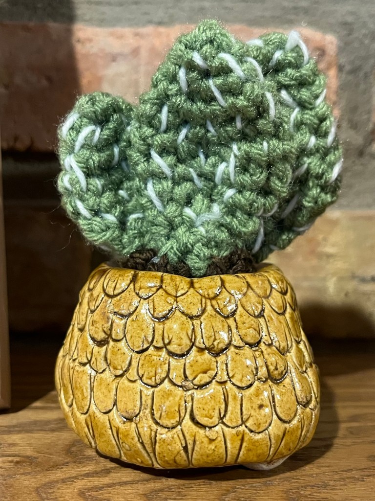 textured planter with a crocheted cactus inside