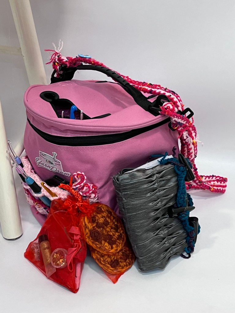 Yarn Bag with Crocheted Cookies and Book