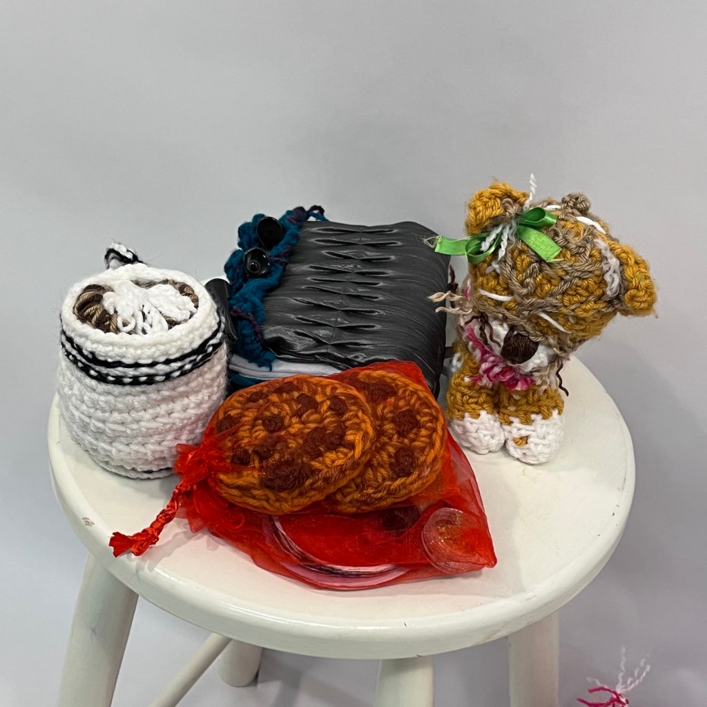 Crocheted Cat, Coffee, Cookies, and Book